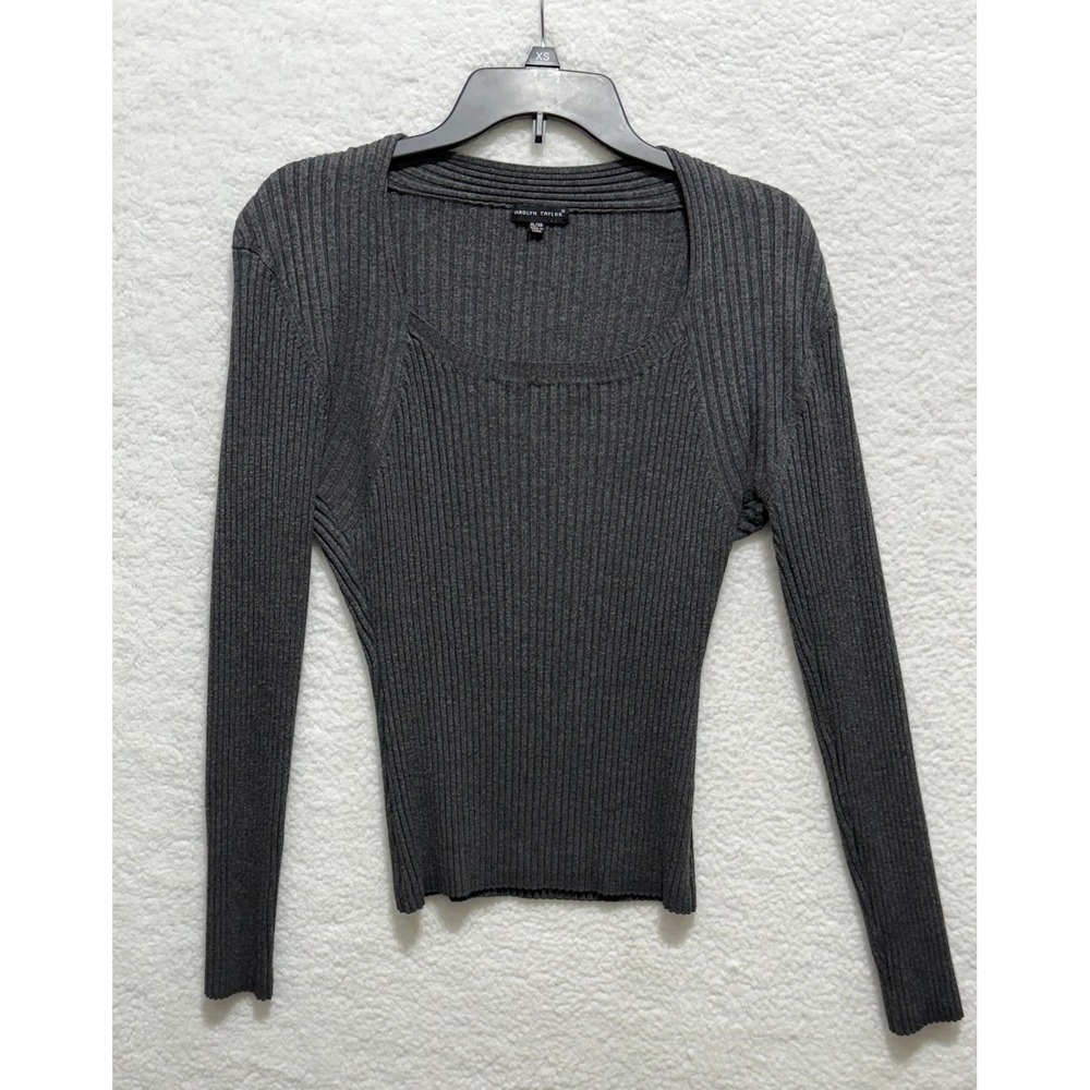 Carolyn Taylor Women's Gray Ribbed Knit‎ Long Sleeve Square Neck Top XL Y2K